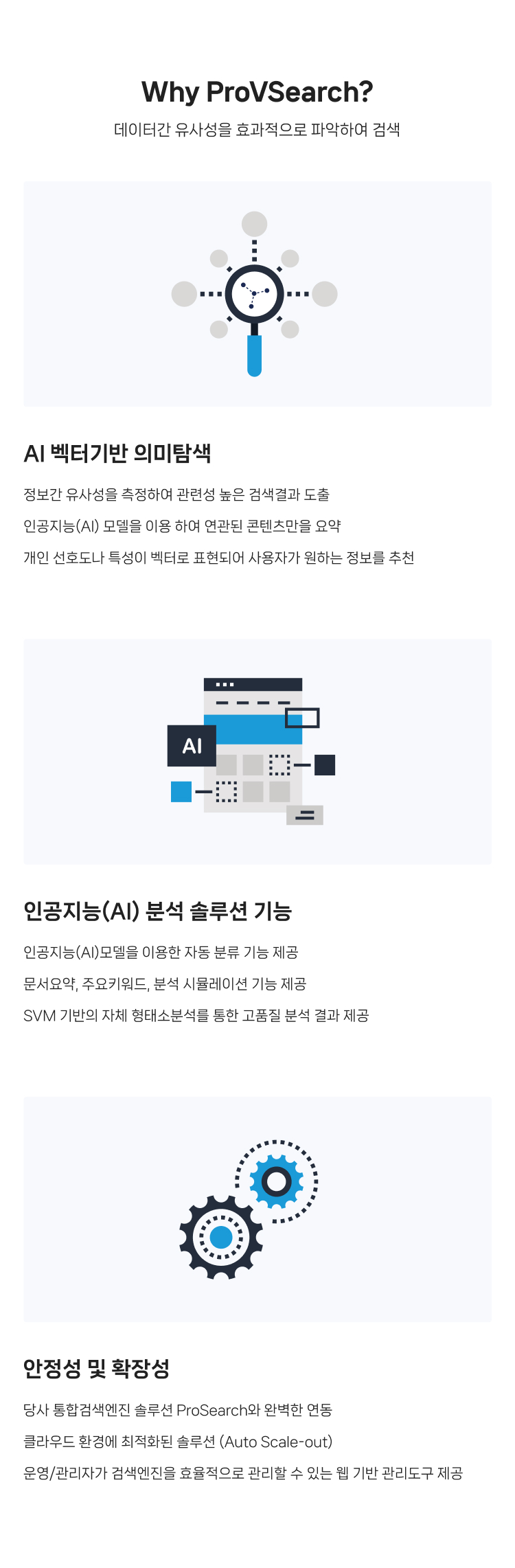 Why ProVSearch? 01. AI 벡터기반 의미탐색  - 정보간 유사성을 측정하여 관련성 높은 검색결과 도출  - 인공지능(AI) 모델을 이용 하여 연관된 콘텐츠만을 요약 - 개인 선호도나 특성이 벡터로 표현되어 사용자가 원하는 정보를 추천
                02.인공지능(AI) 분석 솔루션 기능 - 인공지능(AI)모델을 이용한 자동 분류 기능 제공 -문석요약, 주요키워드, 분석 시뮬레이션 기능 제공 - SVM 기반의 자체 형태소분석를 통한 고품질 분석 결과 제공 03. 안정성 및 확장성 - 당사 통합검색엔진 솔루션 ProSearch와 완벽한 연동 -클라우드 환경에 최적화된 솔루션 (Auto Scale-out) - 운영/관리자가 검색엔진을 효율적으로 관리할 수 있는 웹 기반 관리도구 제공