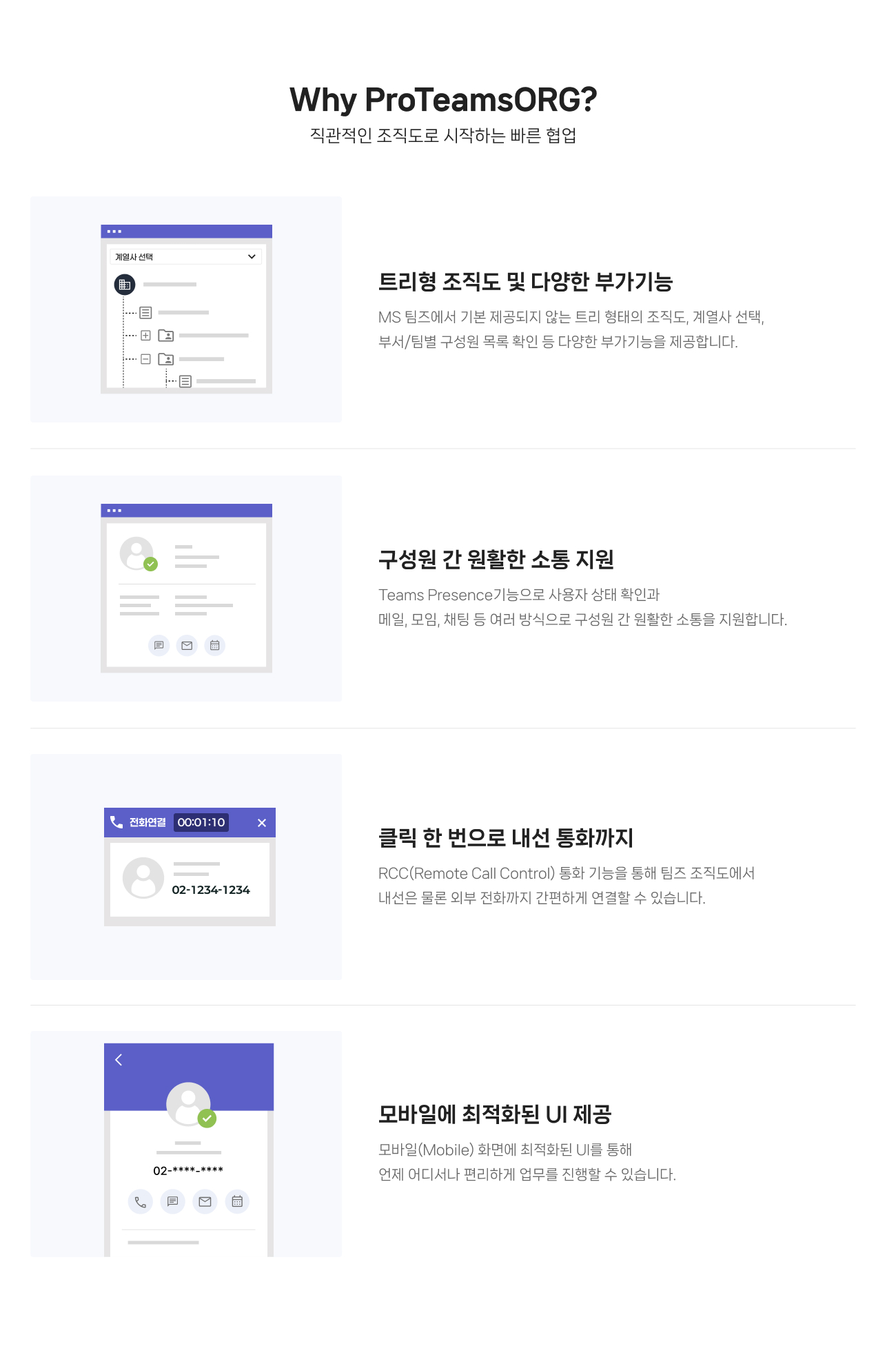 Why ProTeamsORG? : 
                    01.트리형 조직도 및 다양한 부가기능 MS 팀즈에서 기본 제공되지 않는 트리 형태의 조직도, 계열사 선택, 부서/팀별 구성원 목록 확인 등 다양한 부가기능을 제공합니다.
                    02.구성원 간 원활한 소통 지원 : Teams Presence기능으로 사용자 상태 확인과 메일, 모임, 채팅 등 여러 방식으로 구성원 간 원활한 소통을 지원합니다.
					03.클릭 한 번으로 내선 통화까지 : RCC(Remote Call Control) 통화 기능을 통해 팀즈 조직도에서 내선은 물론 외부 전화까지 간편하게 연결할 수 있습니다.
                    04.모바일에 최적화된 UI 제공 : 모바일(Mobile) 화면에 최적화된 UI를 통해 언제 어디서나 편리하게 업무를 진행할 수 있습니다.
                